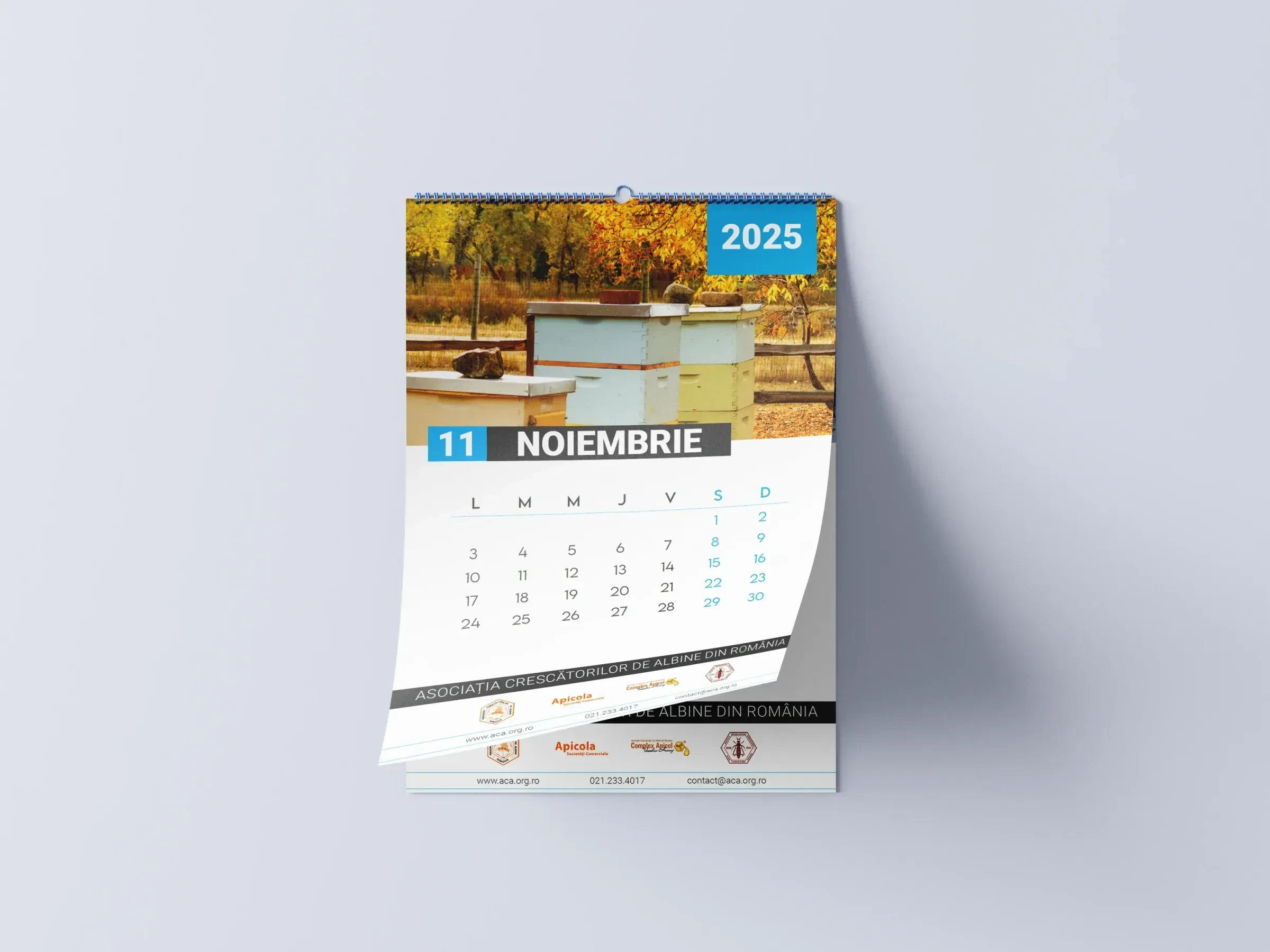 Calendar personalizat de perete pe un fundal alb, simbolizând utilitatea și brandingul