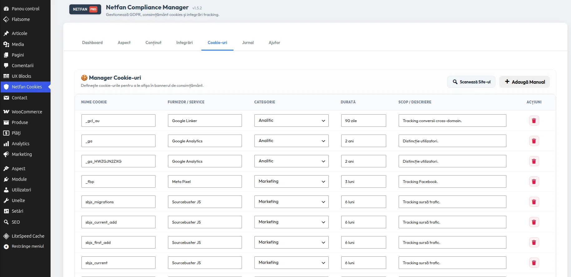 Managerul de cookie-uri cu servicii detectate, categorii, durate și descrieri configurabile
