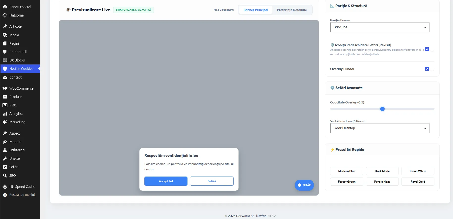 Editorul vizual al bannerului de cookie-uri cu previzualizare live, poziționare și presetări rapide