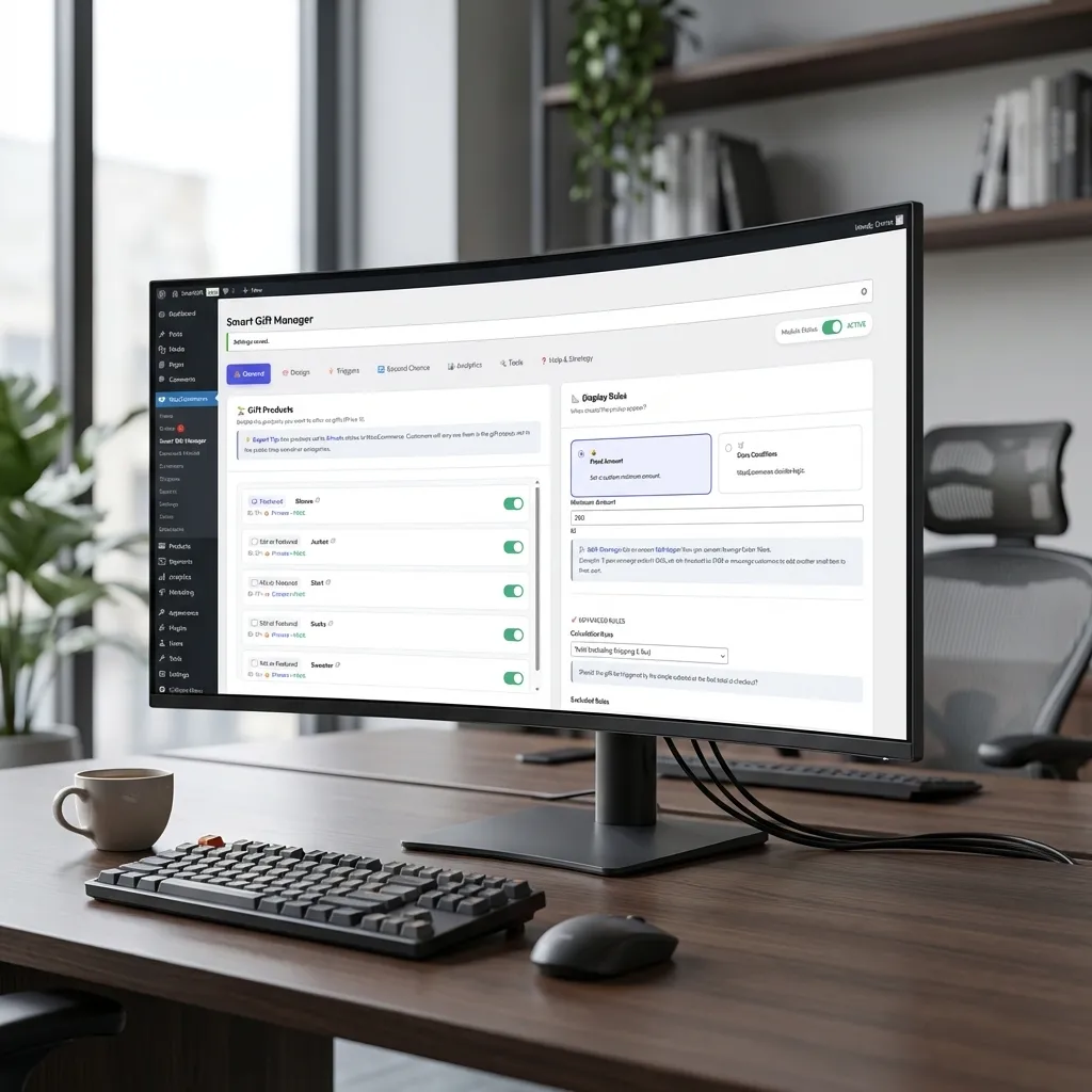 Interfața de administrare pentru configurarea produselor cadou și regulilor promoționale WooCommerce