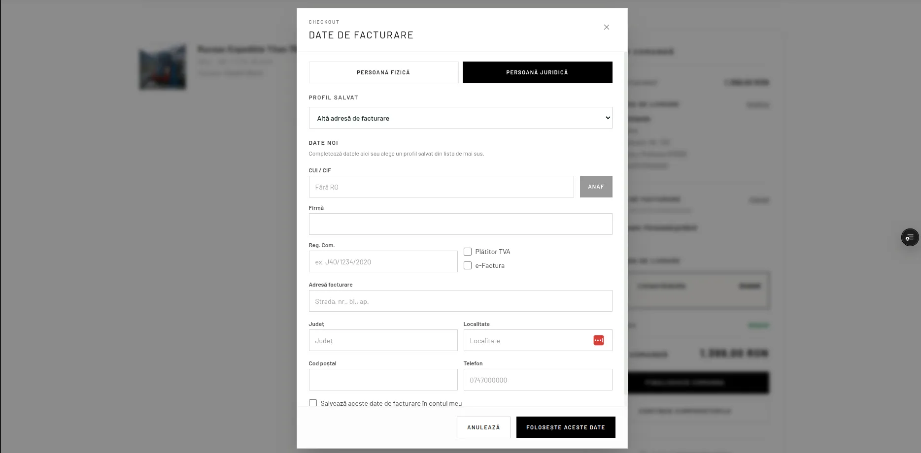 Formular de facturare pentru persoană fizică sau juridică în checkout