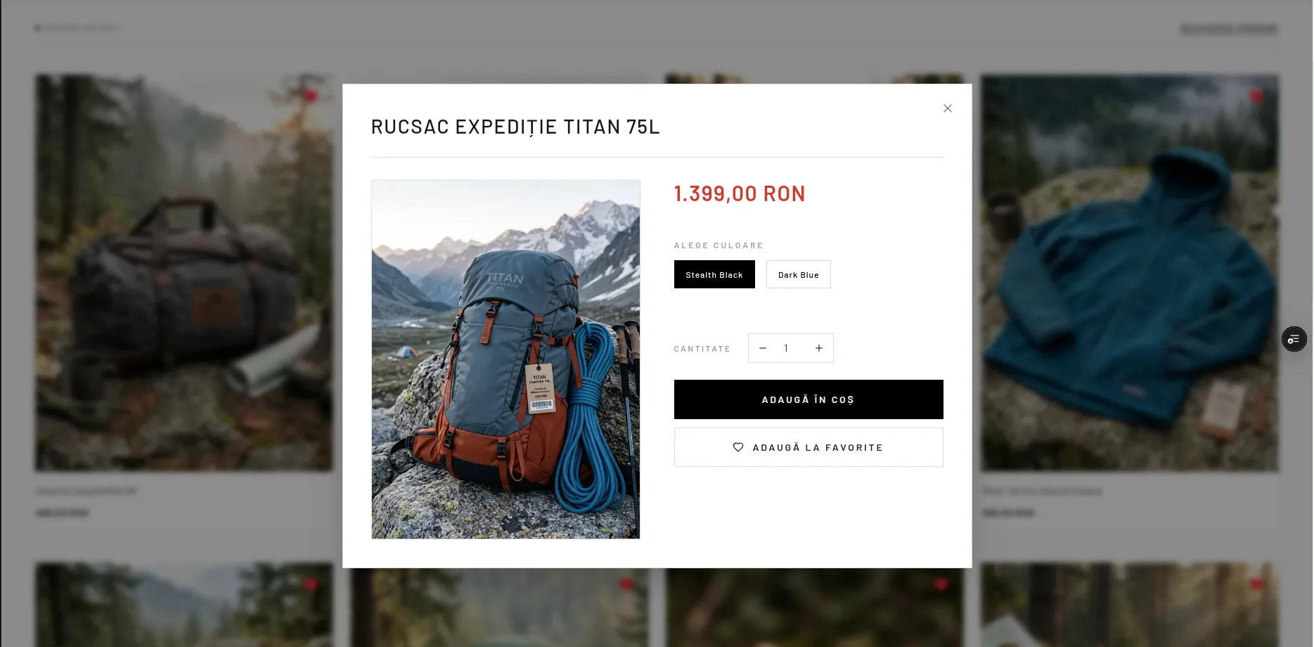 Vizualizare rapidă a unui produs cu variante și acțiuni de cumpărare