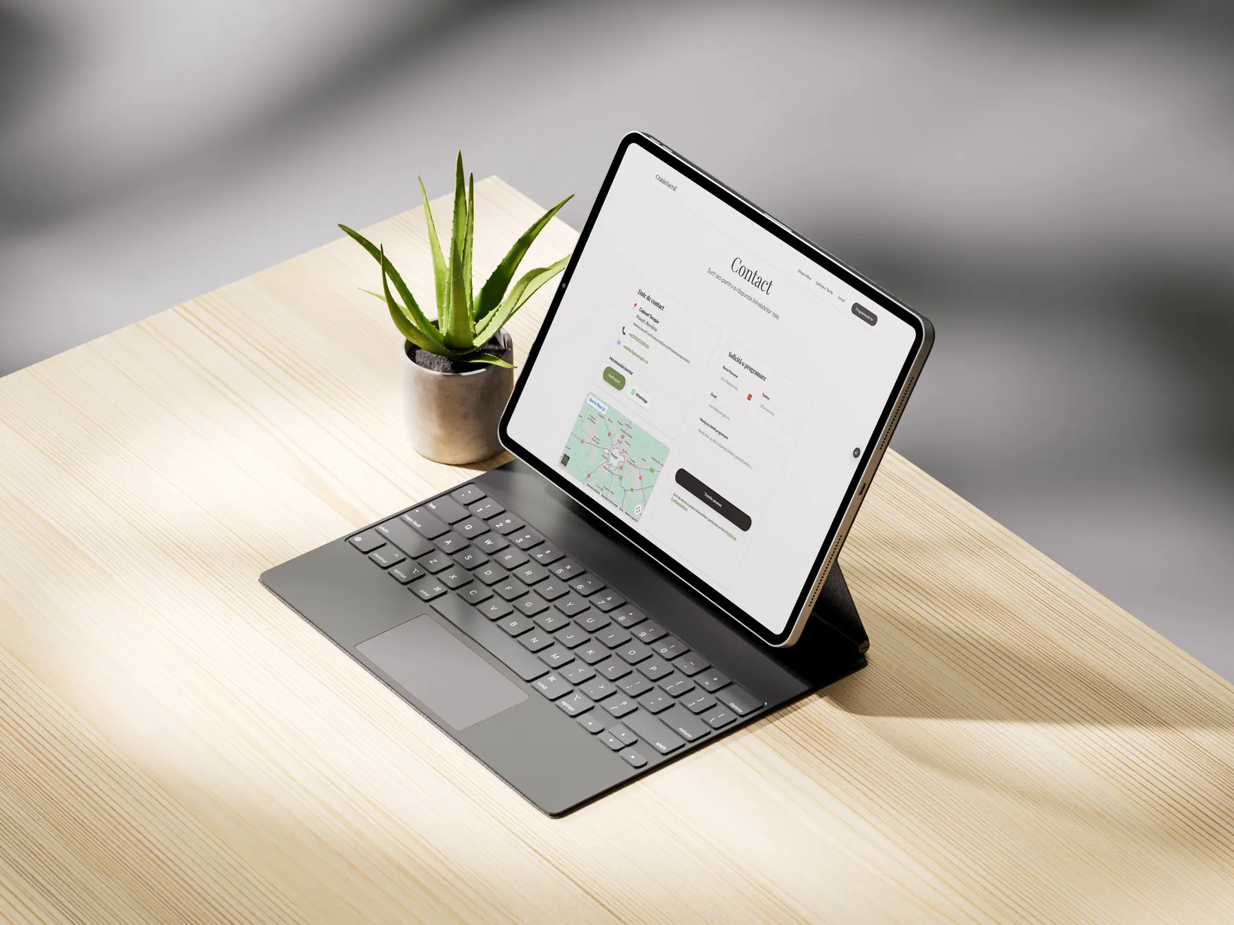 Pagina de contact și formularul de programare afișate pe o tabletă într-un decor minimalist